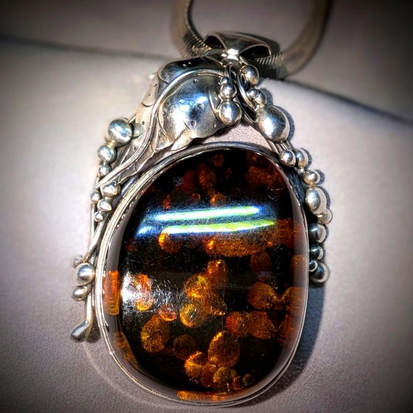 Vintage 925 Sterling silver & Baltic amber large FLORAL statement necklace 70s
